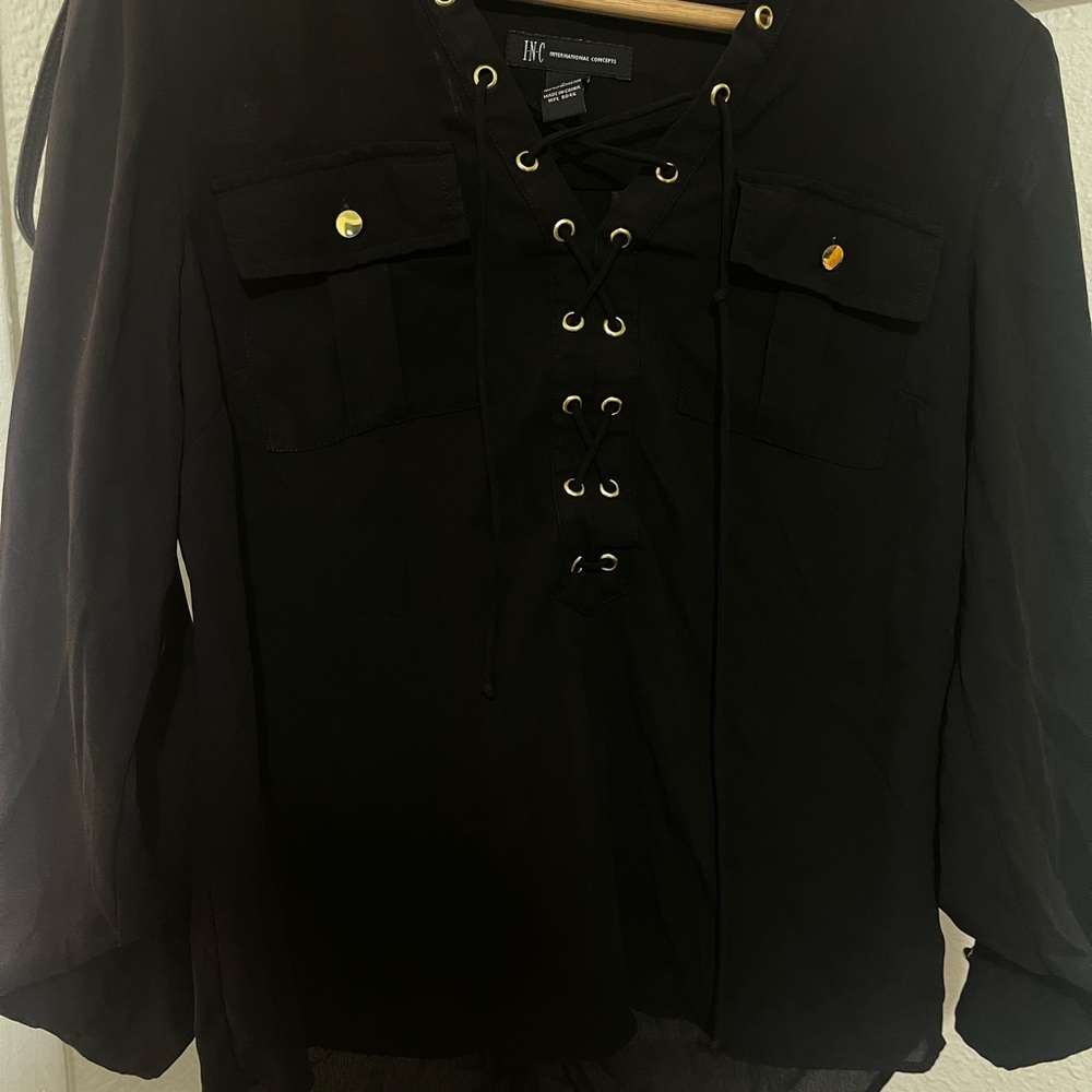 INC Black Lace Up Top Size2